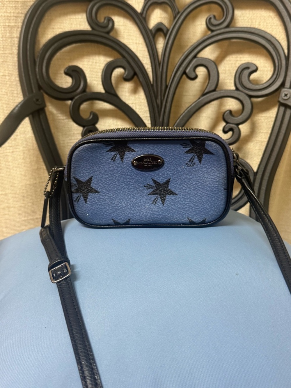 Coach Blue Star Print Crossbody Camera Bag with Black Strap